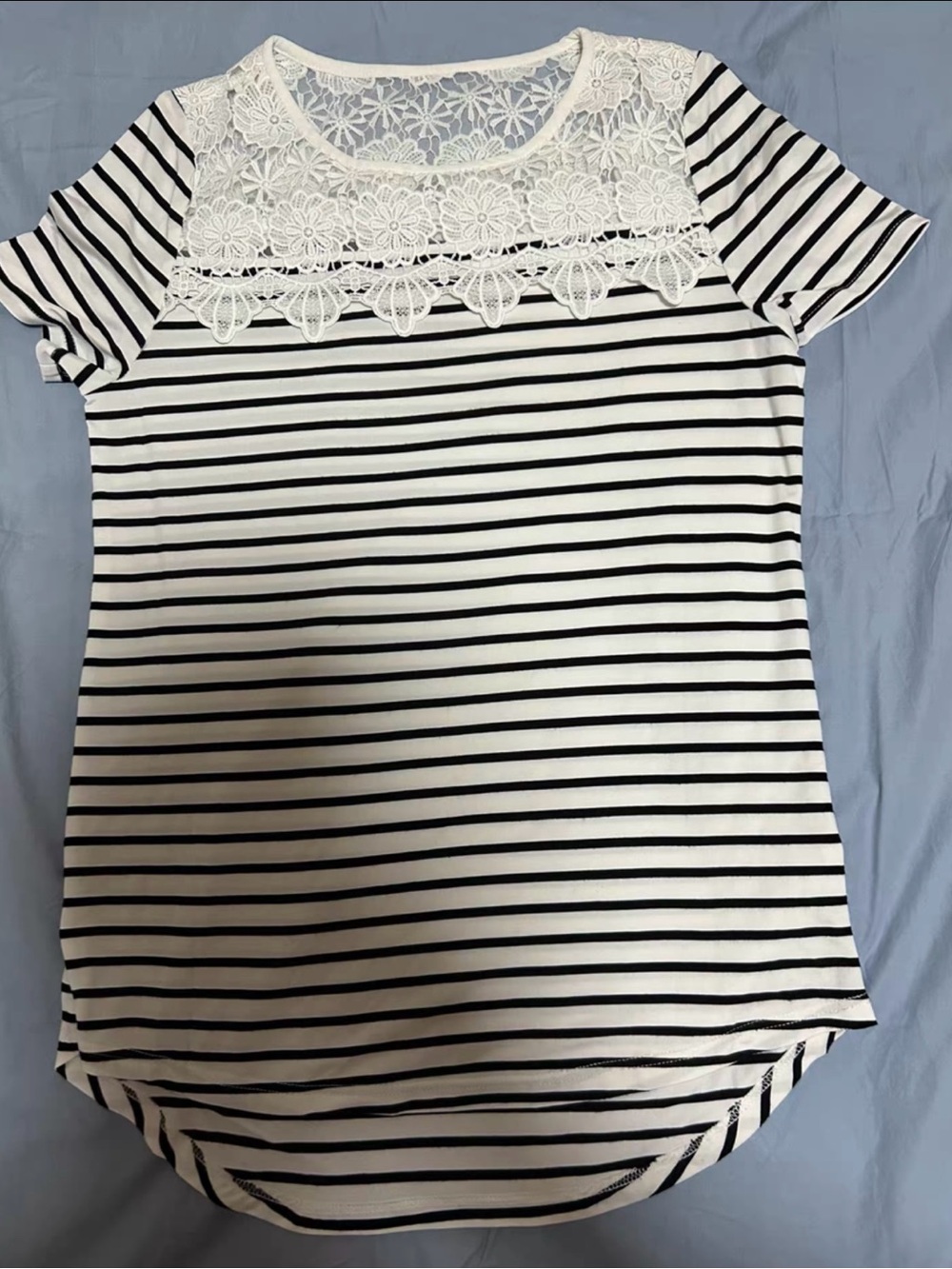 Striped Short Sleeve Top with Lace Yoke - Black & White - Picture 1 of 1